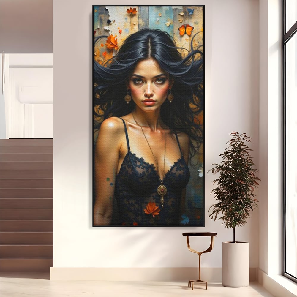 Tablou canvas cu tablou canvas cu portret de femeie par negru fluturi si frunze, in rama de aluminiu negru